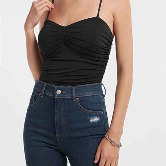 Express Body Contour Compression Ruched Bodysuit With Bra Cups-black - Picture 1 of 14